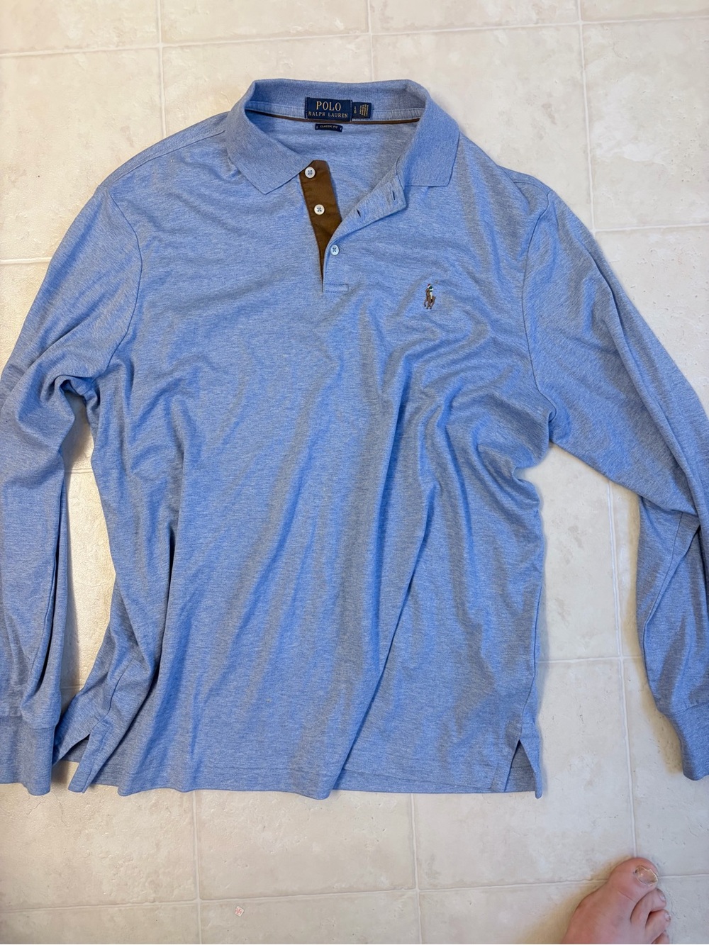 Ralph Lauren Men’s Light Blue Long-Sleeve Polo with Brown Placket
